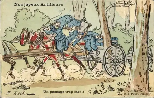 Künstler Ak Französische Soldaten, Soldatenleben, Nos joyeux Artilleurs, Un passage trop etroit