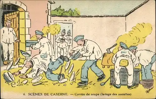 Künstler Ak Jarry, A. P., Scenes de Caserne, Tollpatschige französische Soldaten, Zerbrochene Teller