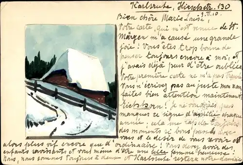 Handgemalt Ak Landschaft mit Haus im Winter