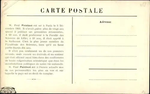 Ak Paul Painleve, Membre de l'Institut, Professeur a la Sorbonne et a l'Ecole Polytechnique