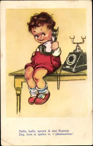 Ak Kleines Kind beim Telefonieren, Telefon