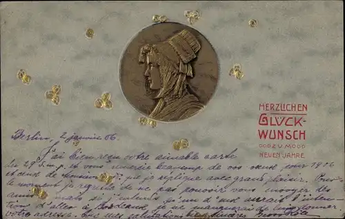 Präge Ak Glückwunsch Neujahr, Portrait einer Frau, Blumen