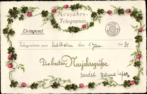 Ak Glückwunsch Neujahr, Neujahr-Telegramm, Rosen, Glücksklee