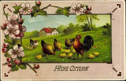 Ak Glückwunsch Ostern, Hühner, Küken, Wiese, Blumen