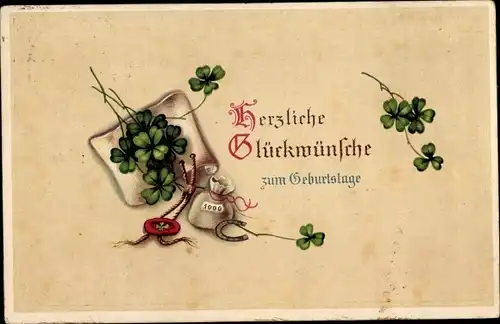 Ak Glückwunsch Geburtstag, Glücksklee, Geldsack, Hufeisen