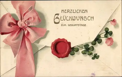 Präge Ak Glückwunsch Geburtstag, Schleife, Glücksklee, Siegel, Blumen