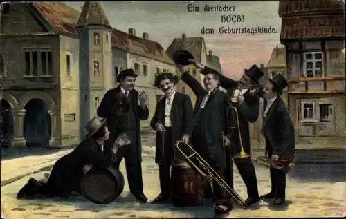 Ak Glückwunsch Geburtstag, Musikergruppe, Musikinstrumente