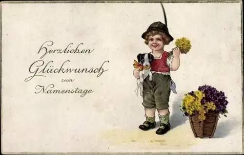 Ak Glückwunsch Namenstag, Kind, Hund, Blumenkorb
