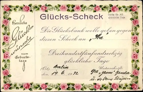 Ak Glückwunsch Geburtstag, Glücks-Scheck, Rosen