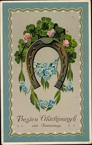 Ak Glückwunsch Namenstag, Vergissmeinnicht, Hufeisen, Glücksklee