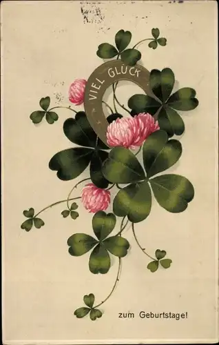 Präge Ak Glückwunsch Geburtstag, Glücksklee, Hufeisen, Blumen