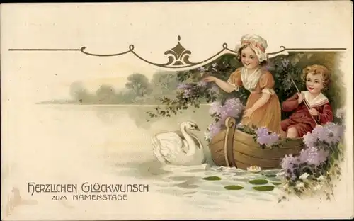 Ak Glückwunsch Namenstag, Kinder im Ruderboot, Schwan, Blumen