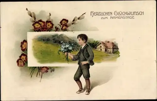 Ak Glückwunsch Namenstag, Junge mit Blumenstrauß, Weidenkätzchen