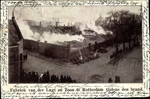 Ak Rotterdam Südholland Niederlande, Fabriek van der Lugt en Zoon, Brand, brennende Fabrik