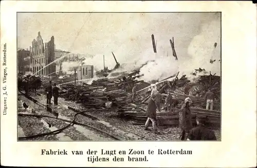 Ak Rotterdam Südholland Niederlande, Fabriek van der Lugt en Zoon, Brand, brennende Fabrik