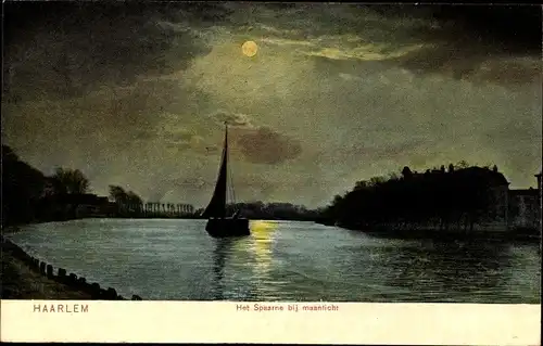 Ak Haarlem Nordholland Niederlande, het Spaarne bij maanlicht, Segelboot, Nacht