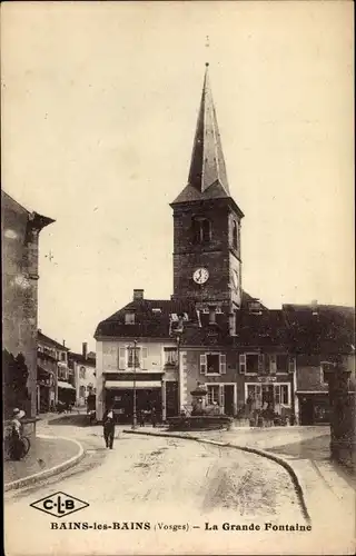 Ak Bains les Bains Vosges, La Grande Fontaine, Brunnen, Kirche