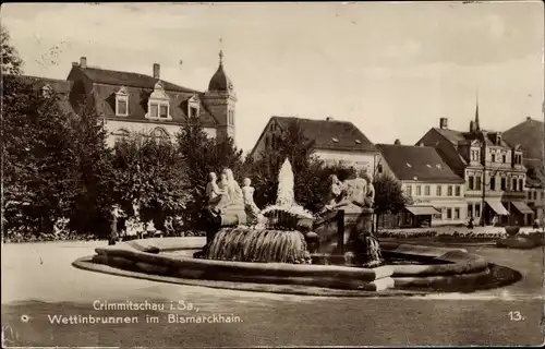 Ak Crimmitschau, Wettinbrunnen im Bismarckhain