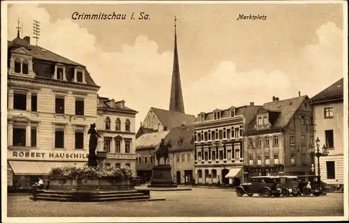 Ak Crimmitschau, Marktplatz, Automobile, Denkmäler, Geschäft Robert Hauschild