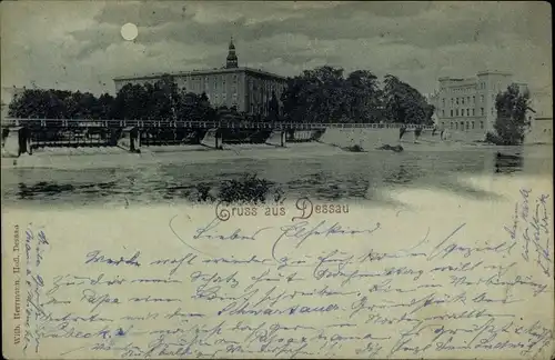 Mondschein Ak Dessau in Sachsen Anhalt, Panorama bei Vollmond