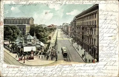 Ak Hannover in Niedersachsen, Georgstraße, Vogelperspektive, Straßenbahn