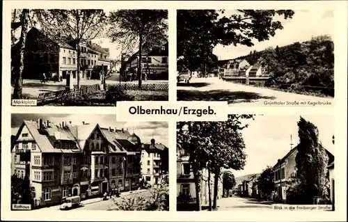 Ak Olbernhau im Erzgebirge, Kegelbrücke, Marktplatz, Grünthaler Straße, Rathaus, Freiberger Straße