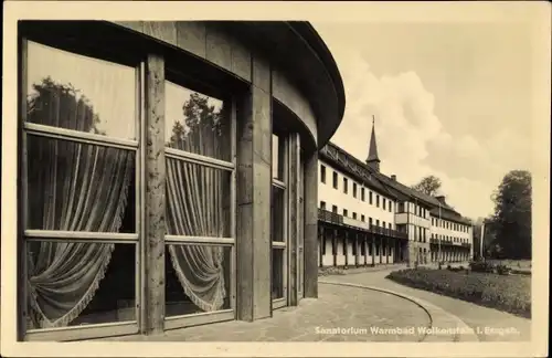 Ak Warmbad Wolkenstein Erzgebirge, Sanatorium Warmbad, Wintergarten mit Gesamtansicht des Klubhauses