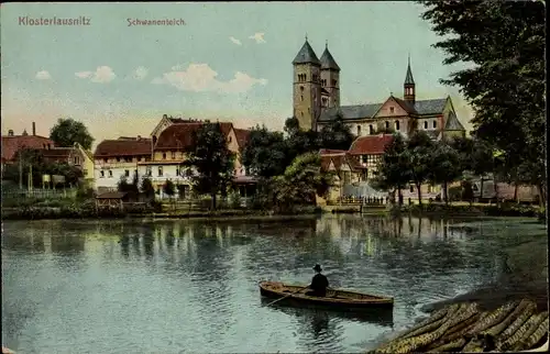 Ak Bad Klosterlausnitz in Thüringen, Ruderboot auf dem Schwanenteich, Kirche