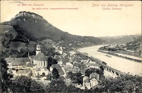 Ak Königstein an der Elbe Sächsische Schweiz, Flusspartie, Ortschaft, Kirche