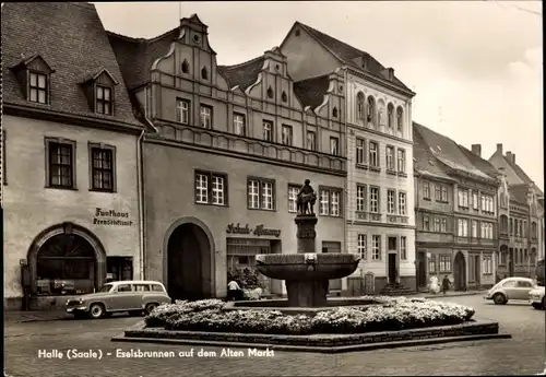 Ak Halle Saale, Eselsbrunnen auf dem Alten Markt, Autos, Geschäfte