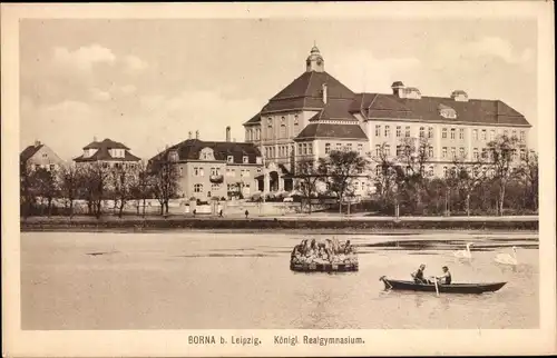 Ak Borna im Kreis Leipzig, Bootspartie am Königlichen Realgymnasium, Schwäne