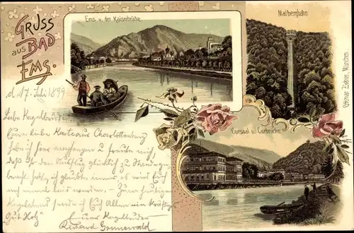 Litho Bad Ems im Rhein Lahn Kreis, Malbergbahn, Kursaal, Kurbrücke, Ems von der Kaiserbrücke