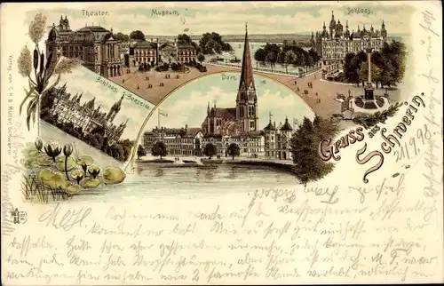 Litho Schwerin in Mecklenburg Vorpommern, Schloss, Theater, Museum, Dom