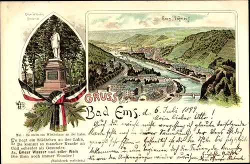 Litho Bad Ems im Rhein Lahn Kreis, Kaiser Wilhelm Denkmal, Ems-Lahnlauf