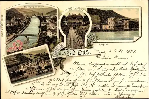 Litho Bad Ems im Rhein Lahn Kreis, Kursaal, Malbergbahn, Kurhaus, Ems-Kriegerdenkmal