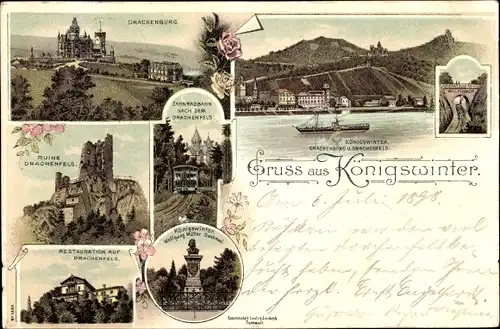 Litho Königswinter am Rhein, Drachenfels, Drachenburg, Zahnradbahn, Brücke, Restauration