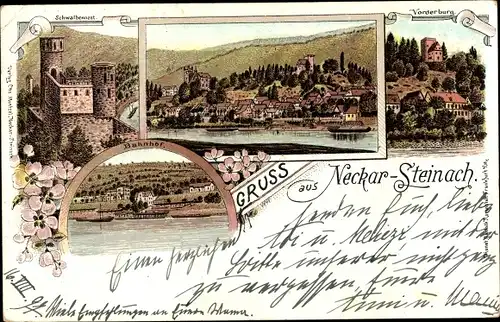 Litho Neckarsteinach in Hessen, Schwalbennest, Vorderburg, Bahnhof, Blick auf den Ort