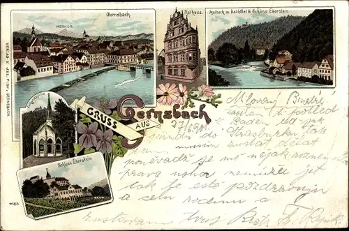 Litho Gernsbach im Murgtal Baden Württemberg, Klingelkapelle, Merkur, Schloss Eberstein, Bachhotel