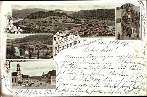 Litho Neuenbürg an der Enz Schwarzwald, Hauptstrasse, Bahnhof, Schlossthor