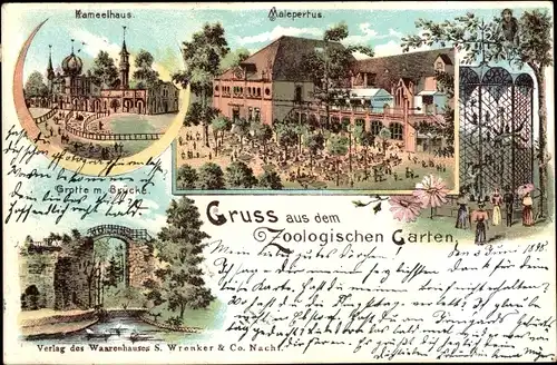 Litho Hannover in Niedersachsen, Zoologischer Garten, Kamelhaus, Malepertus, Grotte, Brücke