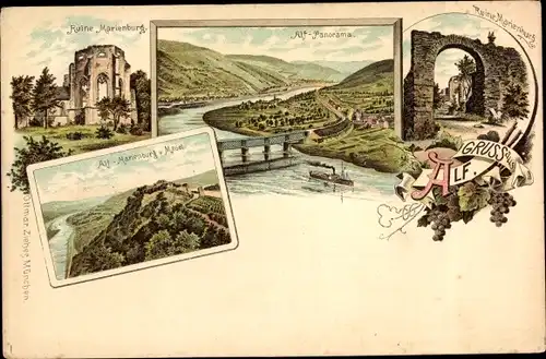 Litho Alf an der Mosel Rheinland Pfalz, Ruine Marienburg, Moselpartie mit Panorama vom Ort