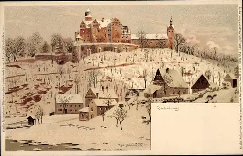 Künstler Litho Hoffmann, Rud., Rochsburg Lunzenau in Sachsen, Blick auf das Schloss, Winterszene