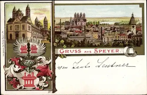 Wappen Litho Speyer am Rhein, Stadtpanorama, Dom