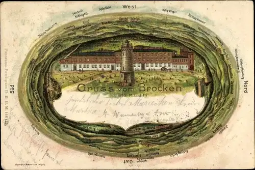 Litho Brocken Nationalpark Harz, Brockenhaus, Turm, Umgebung Panorama, Clausthal, Teufelskanzel