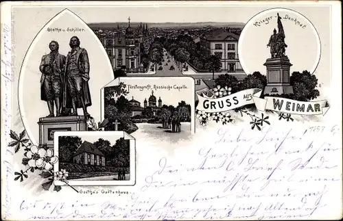 Litho Weimar Thüringen, Schiller und Goethe Denkmal, Fürstengruft, Russische Kapelle, Kriegerdenkmal