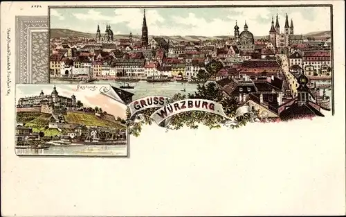 Litho Würzburg am Main Unterfranken, Stadtpanorama, Festung