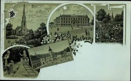 Mondschein Litho Freiberg in Sachsen, Jakobikirche, Post, Königsallee, Rathaus, Obermarkt, Zwerge