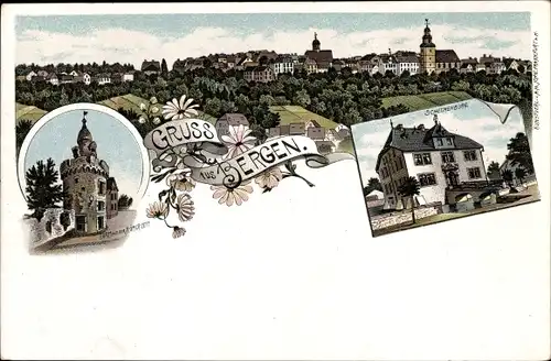 Litho Bergen Enkheim Frankfurt am Main, Schelmenburg, Turm aus der Römerzeit