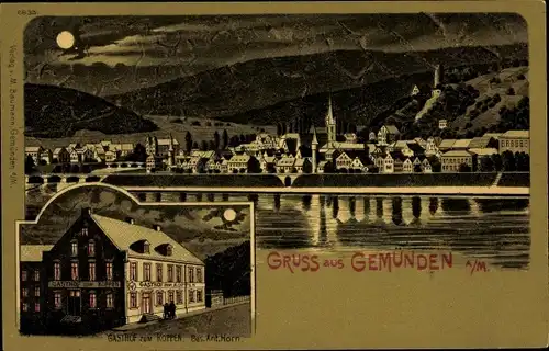 Mondschein Litho Gemünden am Main Unterfranken, Gesamtansicht, Gasthof zum Koppen