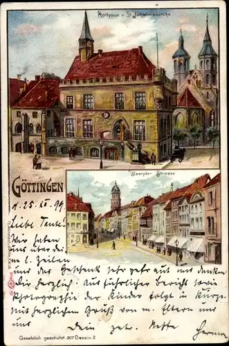 Litho Göttingen in Niedersachsen, Rathaus, St. Johanniskirche, Weender Straße